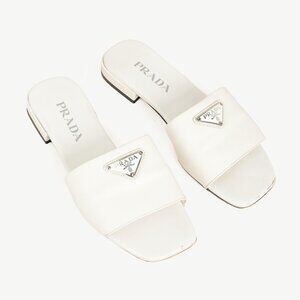 Prada White Saffiano Leather Logo Slide Sandals